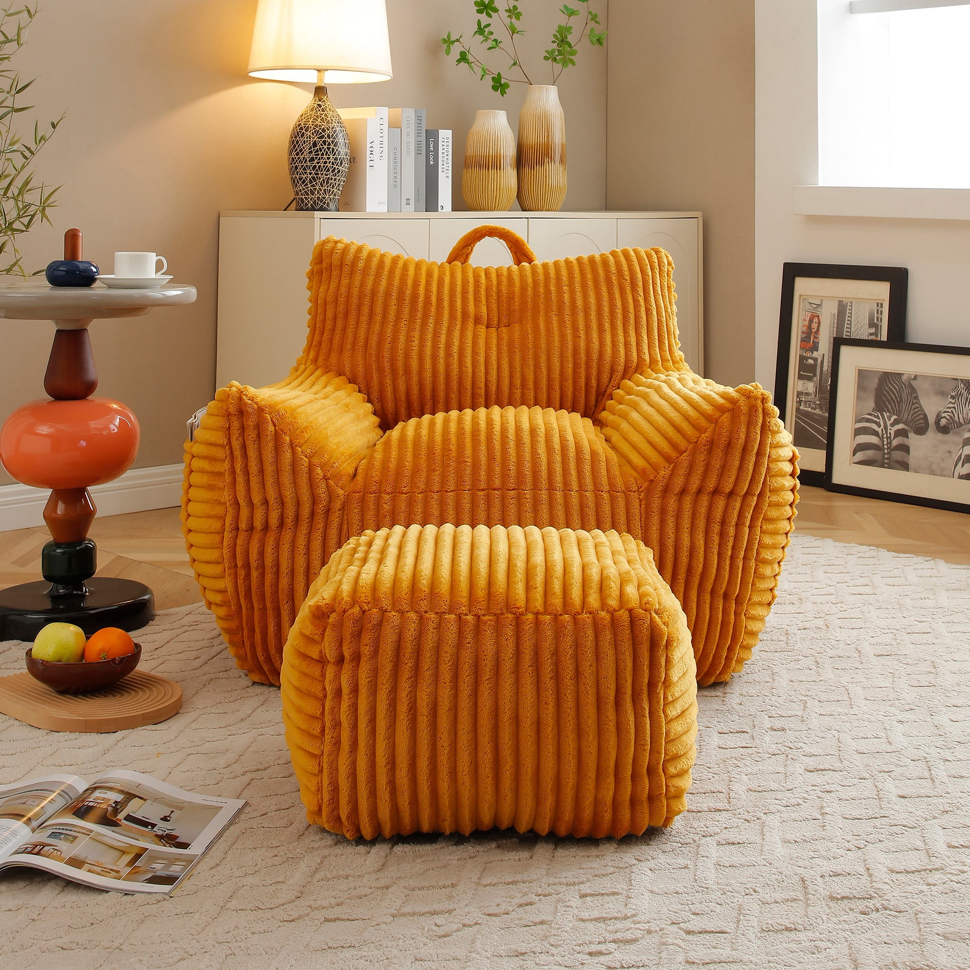 Giant Plush Bean Bag Chair for Adults with Armrests and Footstool, Comfy Beige Beanbag Chaise Lounge Lazy Floor Sofa Chair for Living Room, Bedroom & Dorm, Cozy Fluffy Cloud Mini Couch (Yellow)