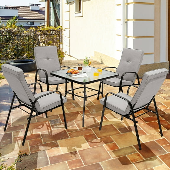 Costway 5pcs Patio Dining Set 4 Stackable Chairs Cushioned Square Glass Table