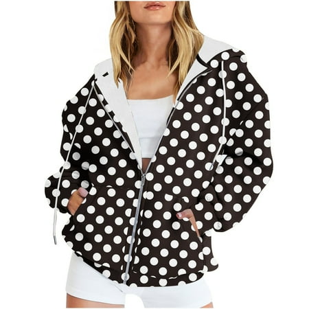 Tuphregyow Women s Fashion Zipper Packable Hoodies Polka Dots Oversized Knit with Pockets Fall Blazers Long Sleeve Drawstring Hooded Jacket Black XXL