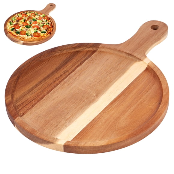 Vensio -Acacia Wood Serving Tray with Comfortable Handle, Round and Rectangular Wood Chopping Board for Pizza Charcuterie and Platter, Natural Wood Serving Board