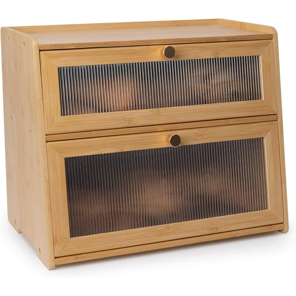Bamboo Bread Box 2 Tiered for Kitchen Counter-Large Capacity Wood Bread Basket Storage Container Bread Box with Window Bread Holder with Shelf