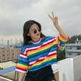thumbnail image 5 of T-Shirt Rainbow Striped Tops Harajuku Summer Short Sleeve Korean Punk T-shirt Blue Striped M, 5 of 8