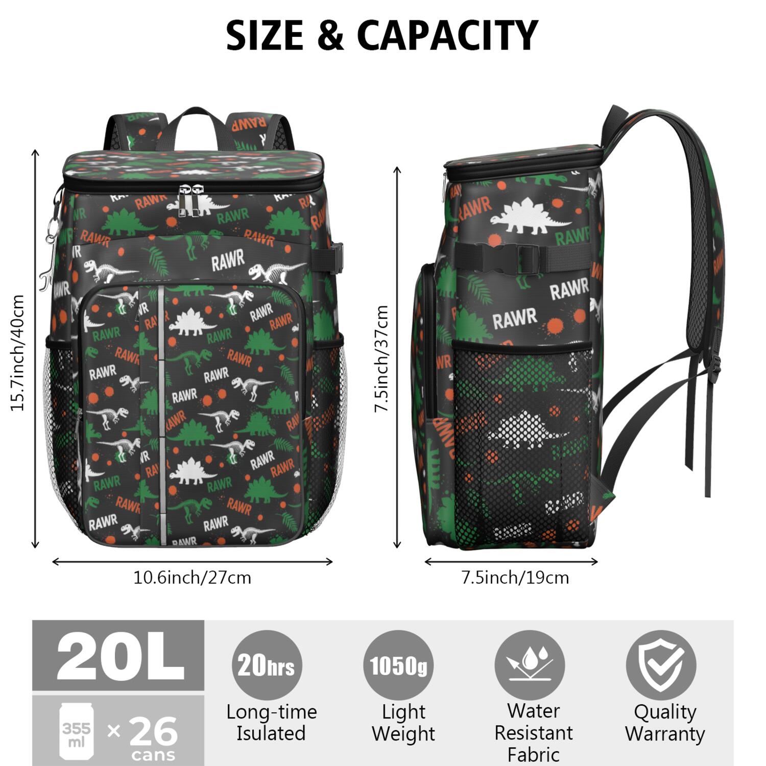 Travel Cooler Bag - Black Rawr Dinosaur Skeleton Pattern Camping Beer Cooler Backpack with Bottle Opener- Waterproof Insulated Picnic Backpacks - Cooler Bag for Beach