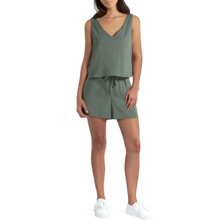 Womens Sleeveless V Neck Romper Thyme XL