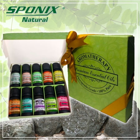 Essential Oil (10 ml x 10) Lavender, Peppermint, Eucalyptus, Lemongrass, Rosemary, Clove Leaf, Cinnamon Leaf, Frankincense, Sweet Orange, Tea Tree Gift Set of 10 Aromatherapy Pack of 10 by Sponix