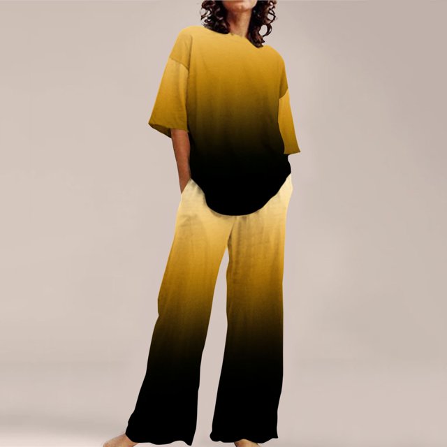 Ensembles de Pyjama pour Femmes Adaptés pour l'Été, Haut à Col Rond Ample à Manches Courtes Imprimé Floral avec Pantalon, Grande Taille 2 Ensemble TTTTG