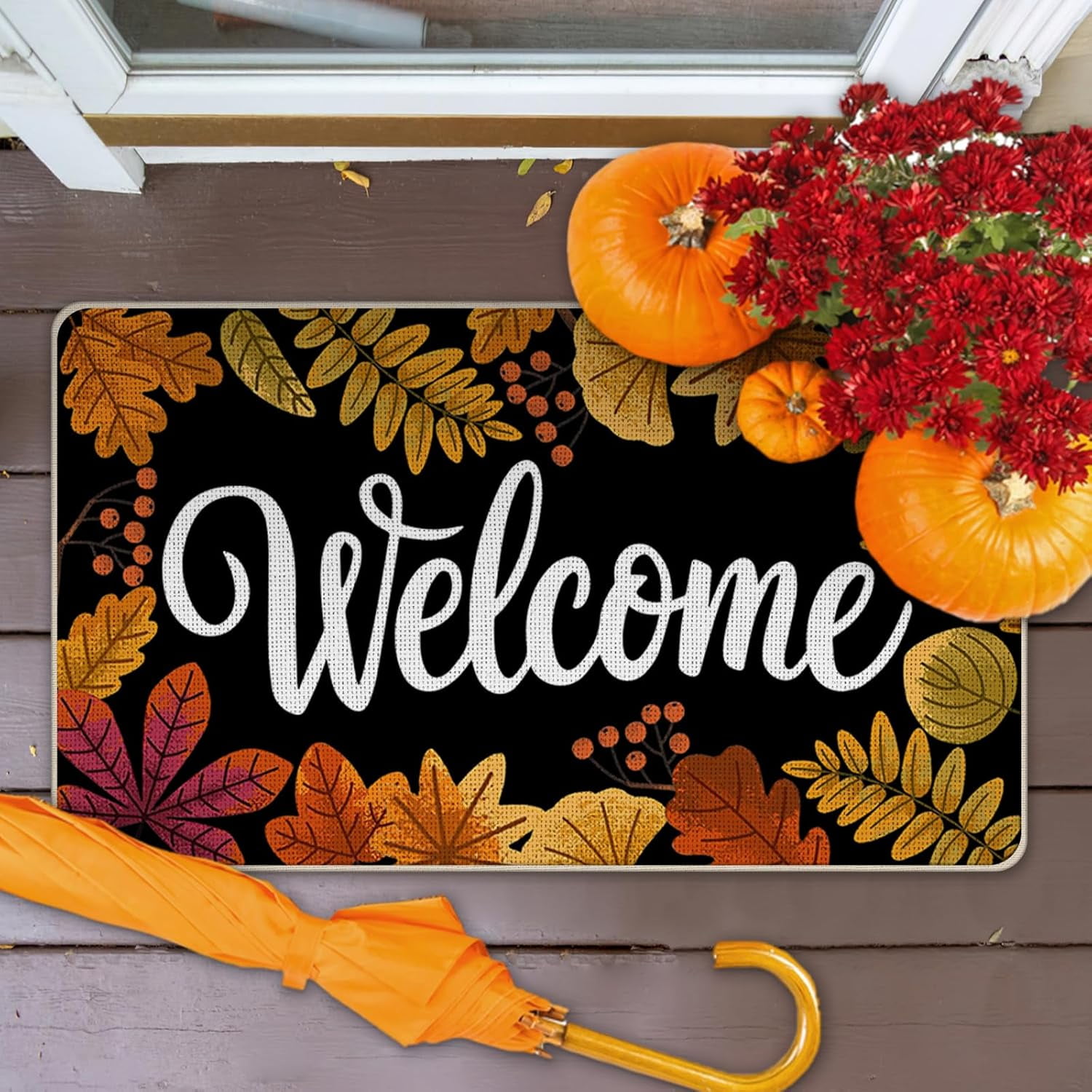 Welcome Fall Leaves Front Door Mat, Autumn Fallen Leaf Red Berry Decorative Doormat Non-Slip Floor Entryway Rug, Seasonal Indoor Outdoor Home Kitchen Decoration 17x29 Inches