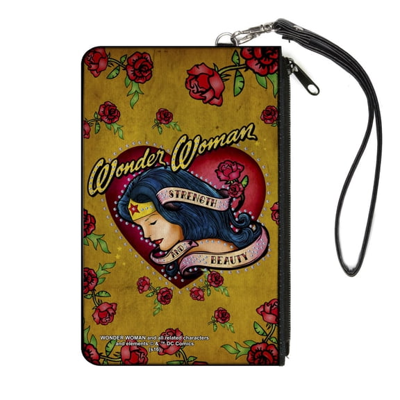 DC Comics Wallet, Zip Clutch, Studded Wonder Woman Heart Strength And Beauty Tattoo Roses, Canvas