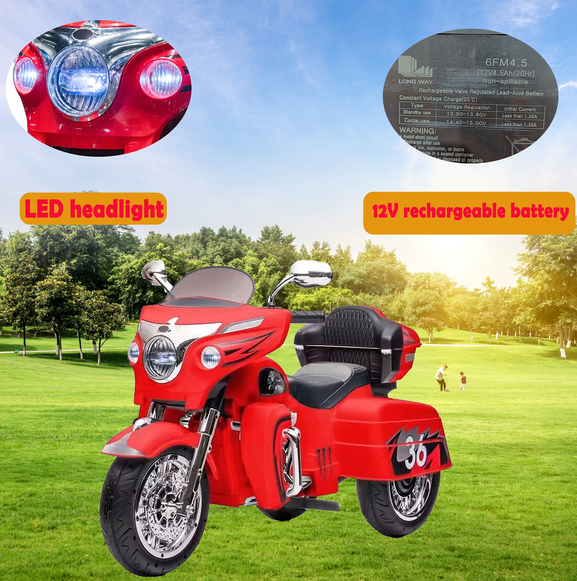 12V Kids Motorcycle  Electric Ride On Toy with 1.8-3.2 MPH Speed, Power Display, Music & Wireless Phone Connection, Large Storage Trunk, LED Headlight - 66LB Load Capacity for Toddlers & Kids