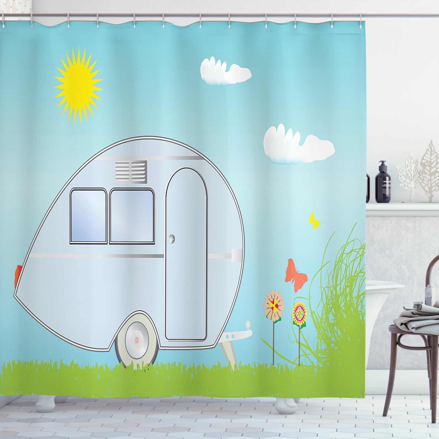 Camper Shower Curtain, Summer Vacation Trailer Butterflies Outdoors