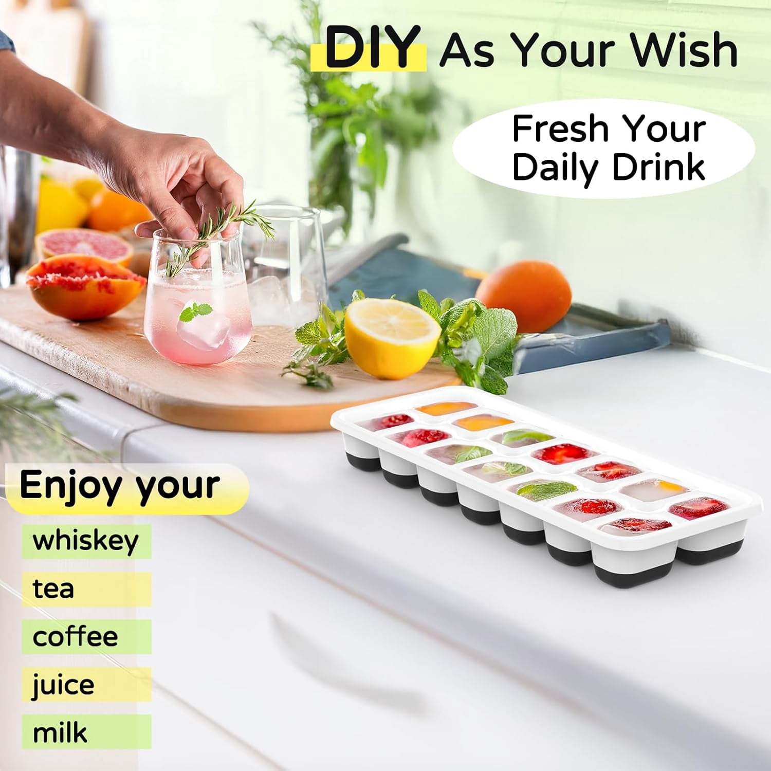 5-Pack Silicone Ice Cube Trays with Lids – 70 Cubes (14 per Tray), Easy-Release, Stackable, BPA-Free – For Cocktails/Coffee/Whiskey – Black