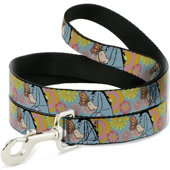 Disney Pet Leash, Dog Leash, Winnie the Pooh Eeyore Butterfly Pose Floral Collage Blue, 4 Feet Long 0.5 Inch Wide