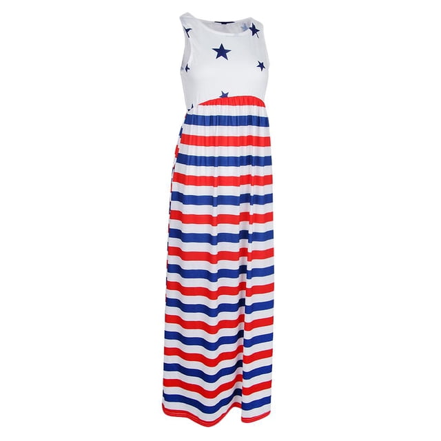 Mujeres Casual Stars and Stripes Prints Sin mangas Dress 2XL Estilo 1 Hugo maxi vestido con bolsillo