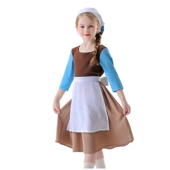 Virmaxy Halloween Dress Country Peasant Costume 3/4 Sleeve A-Line with Apron and Headscarf for Fall Party Sizes, 5-12Y, Coffee