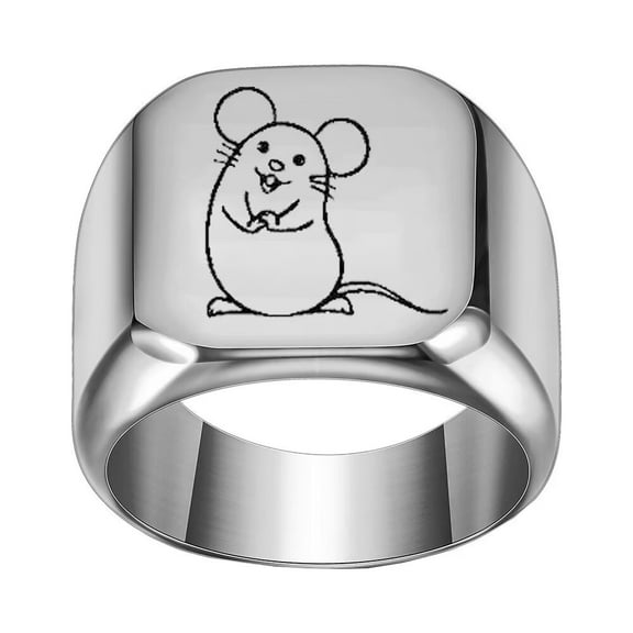 PAMTIER Unisex Stainless Steel Dome Solid 12 Chinese Zodiac Lucky Signet Ring Symbolic Animal Statement Horoscopes Jewelry Silver Rat Size 6