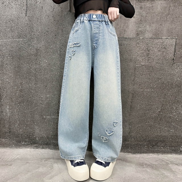 Cowsor Girls Baggy Jeans Distressed Denim Pants Elastic Waist Wide Leg Jeans for Girls Kids Loose