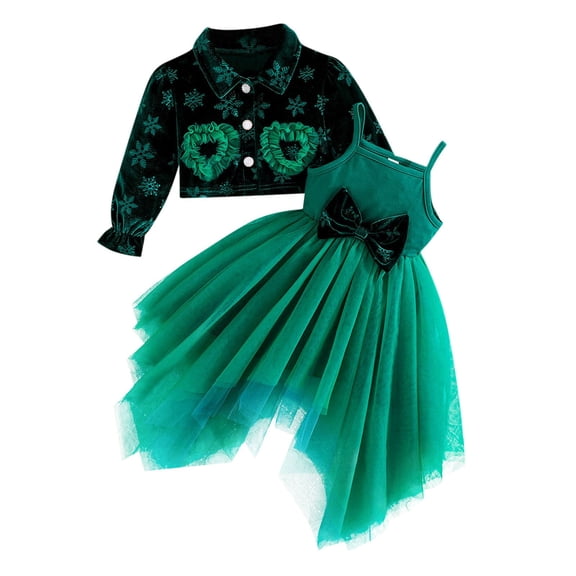 Girls Green Holiday Dress 2-Piece Set with Velvet Top & Tulle Skirt for Christmas Party, Kids Kids Girl,Size 6-9 Months