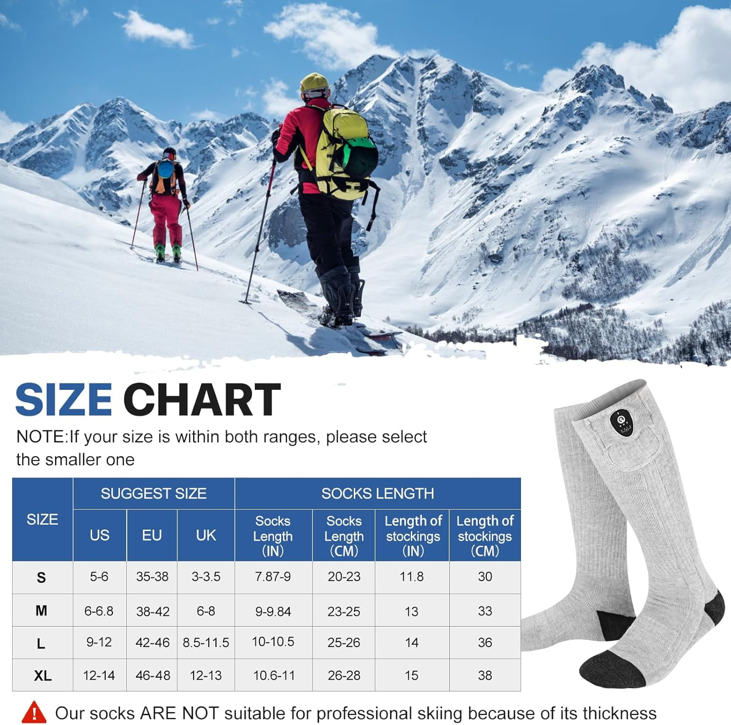 SNOW DEER Heated Socks for Men Women, App Controlled Left/Right Electric Ski Sock, 7.4V 2200mAh Rechargeable Battery 360°Fast Heating Toe Warmers for Skiing Hunting Motorcycle Walking Dogs