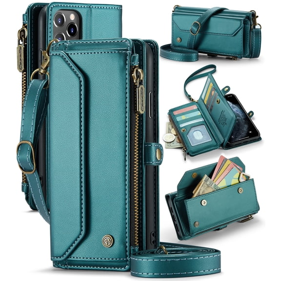 For iPhone 11 Pro Max Crossbody Wallet Case with Card Slots Zipper Pocket,PU Leather Magnetic Flip Folio Wristlet Shoulder Strap 3-in-1 Crossbody Phone Case Wallet for Women Men,Green