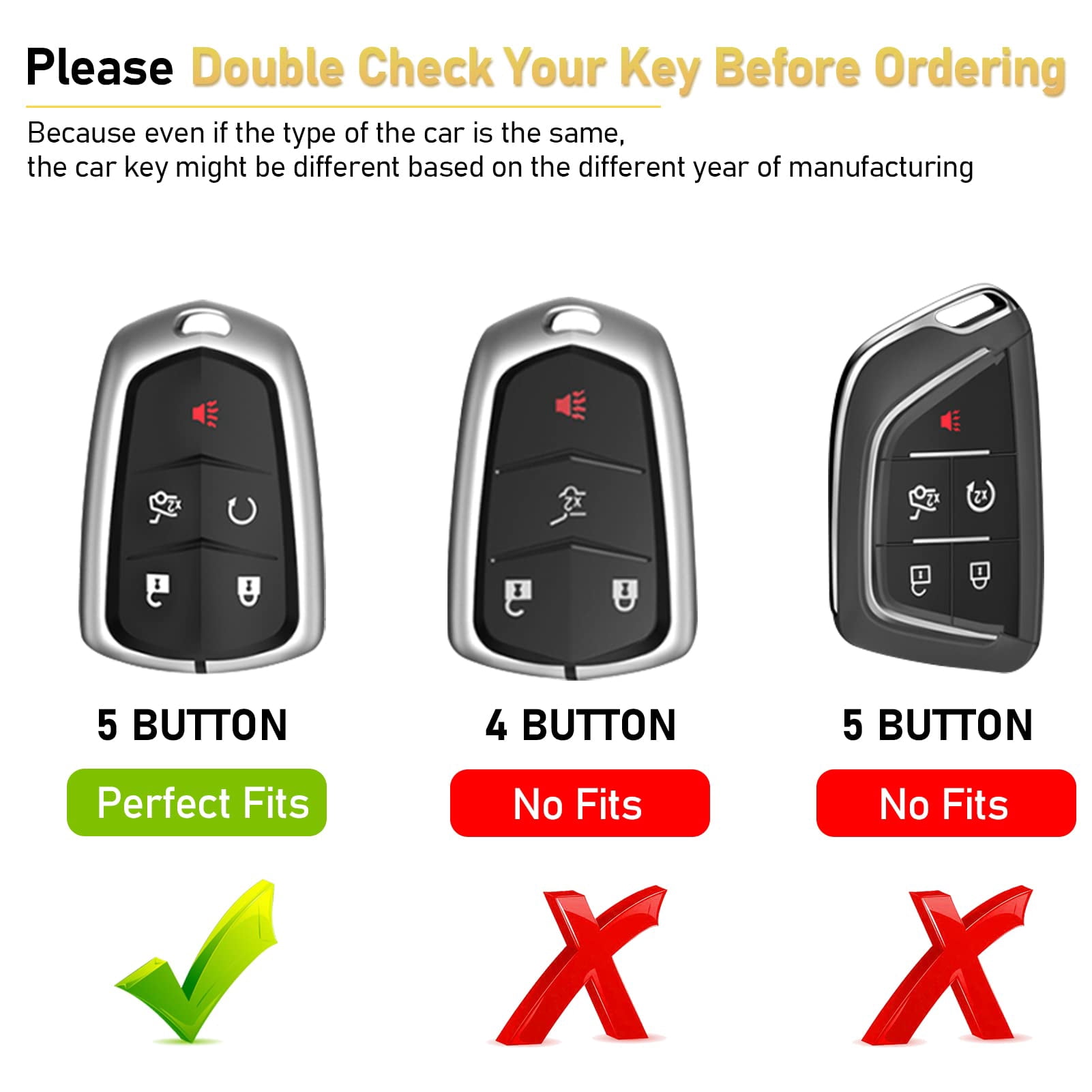 Compatible with Cadillac Key Fob Cover Case for 2015-2019 Cadillac CT4 CT5 CT6 CTS SRX XTS 2019-2023 XT4 XT5 XT6,Metal Shell & Soft Silicone Protection 5 Buttons Smart Key