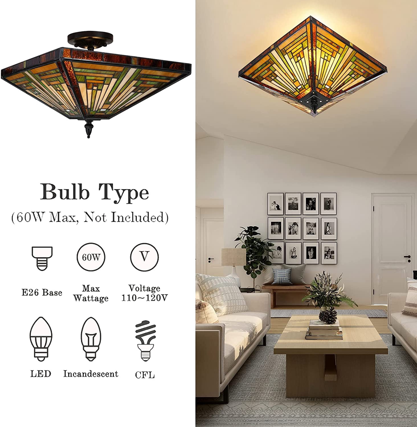 14 inch Tiffany Style Ceiling Light Wide Amber Brown Stained Glass Semi Flush Mount Ceiling Lamp for Kitchen Porch Entryway Bathroom Hallway 2 Light