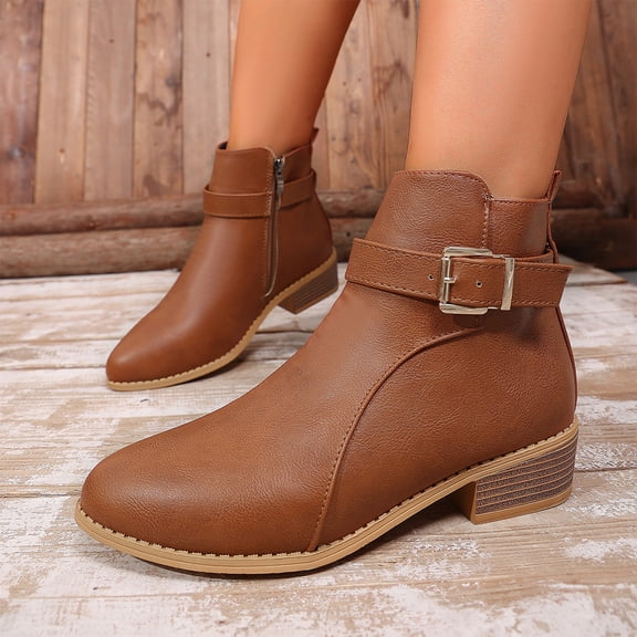EKVAHL Women's Ankle Boots Chunky Low Heel Walking Comfort Ankle Boots Faux Leather Pointrd Toe Side Zipper Booties Breathable Lightweight Non-Slip Shoes