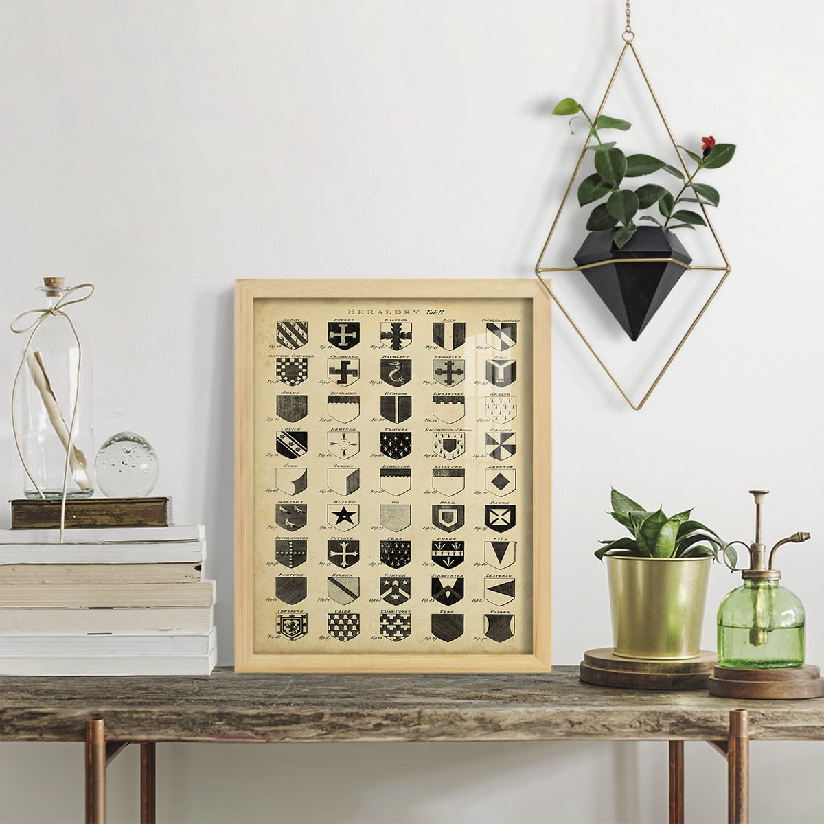 Vintage Heraldry II -Framed Print w/glass-Natural Wood