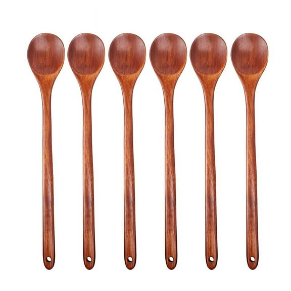 Wood Spoons for Cooking Set, 13 inch Long Handle Wooden Mixing Stirring Baking Serving, 6 Pcs Kitchen Utensil