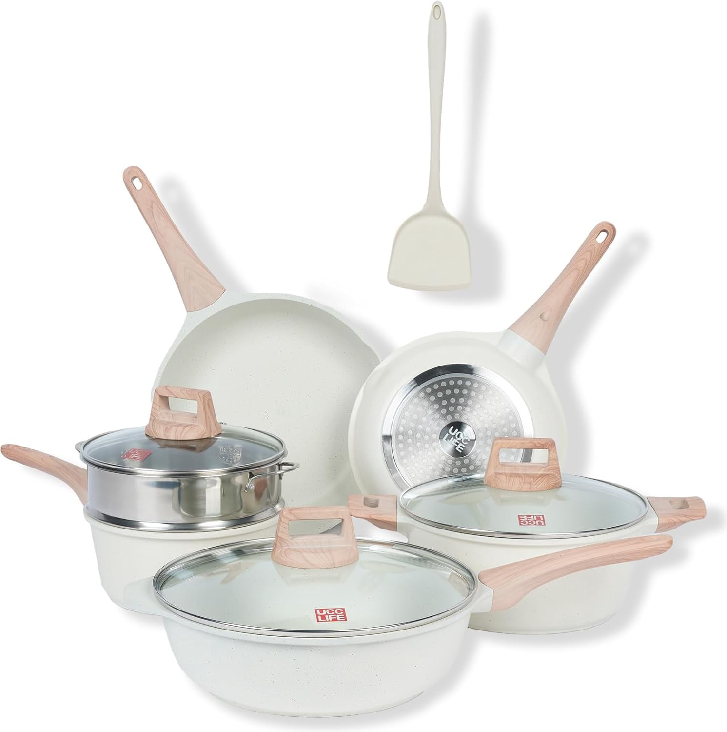 10pcs Pots and Pans Set Nonstick, Granite Frying Pans Induction Kitchen Cookware Sets, with Wood Print Handles Frying Pans, Saucepans, Steamer Shovel Spoon, Beige