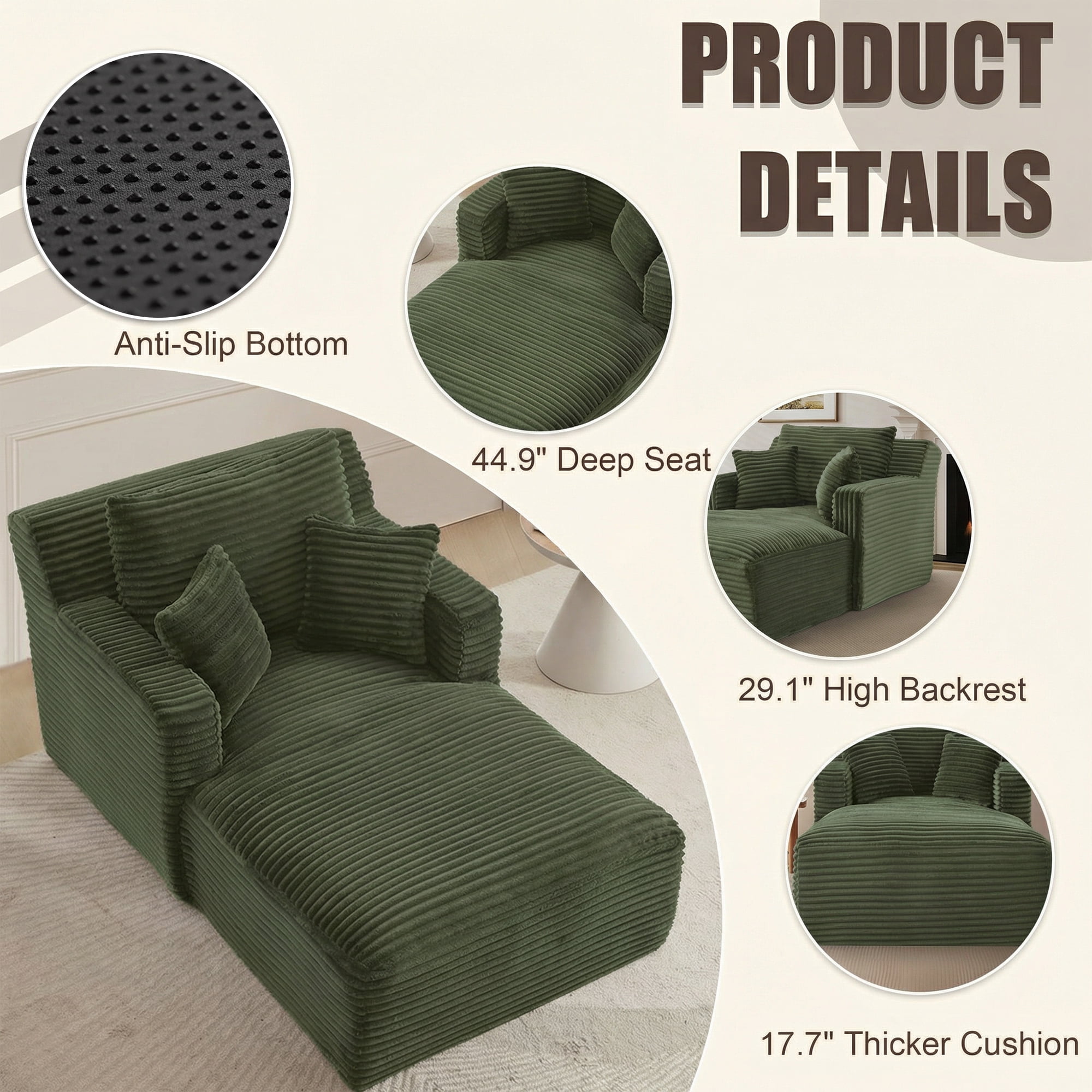 Kosynda 65"D Oversized Chaise Lounge Chair Indoor, Corduroy Upholstered Boneless Sofa Bed with 3 Pillows for Living Room, Green