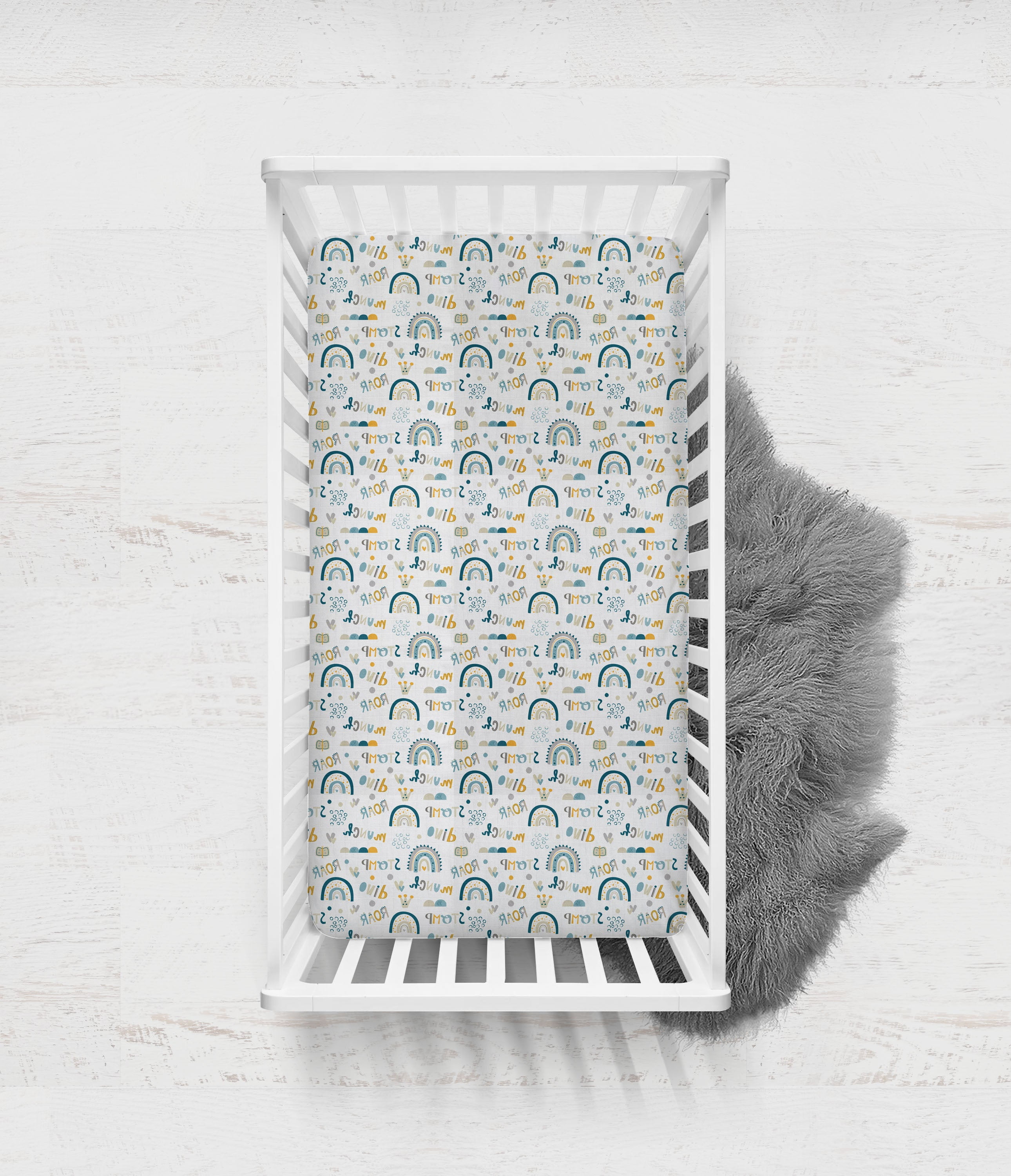 Bacati - Boys Little Dino Rainbow Teal Aqua Yellow Muslin Crib or Toddler Bed Fitted Sheet
