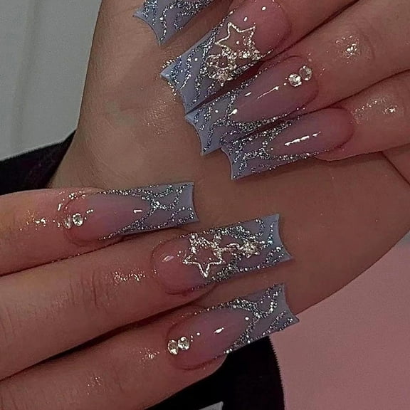 Press on Nails Long Square Fake Nails Glossy Glue on Nails Blue Ombre Acrylic Nails Squoval Bling Glitter Swirl Artificial Nails Star Rhinestone Stick on False Nails with Design 24 pcs 04407Blue