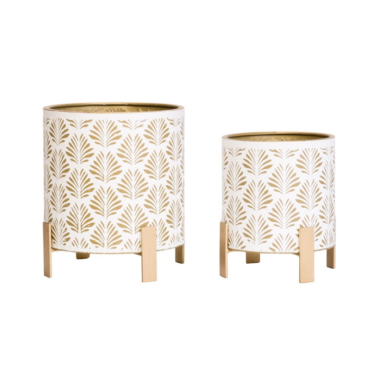 2-Piece Boho Metal Planter Pot With 4-Leg Gold Metal Base - White & Gold - 12"H x 11"W / 10"H x 9"W