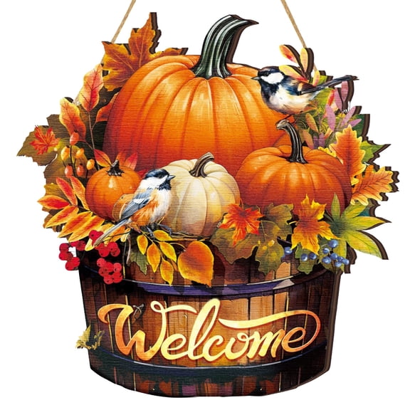 Clearance Under $10 | Wooden Pumpkin Door Plaque Hanging Sign for Fall Autumn Halloween Decor, Orange
