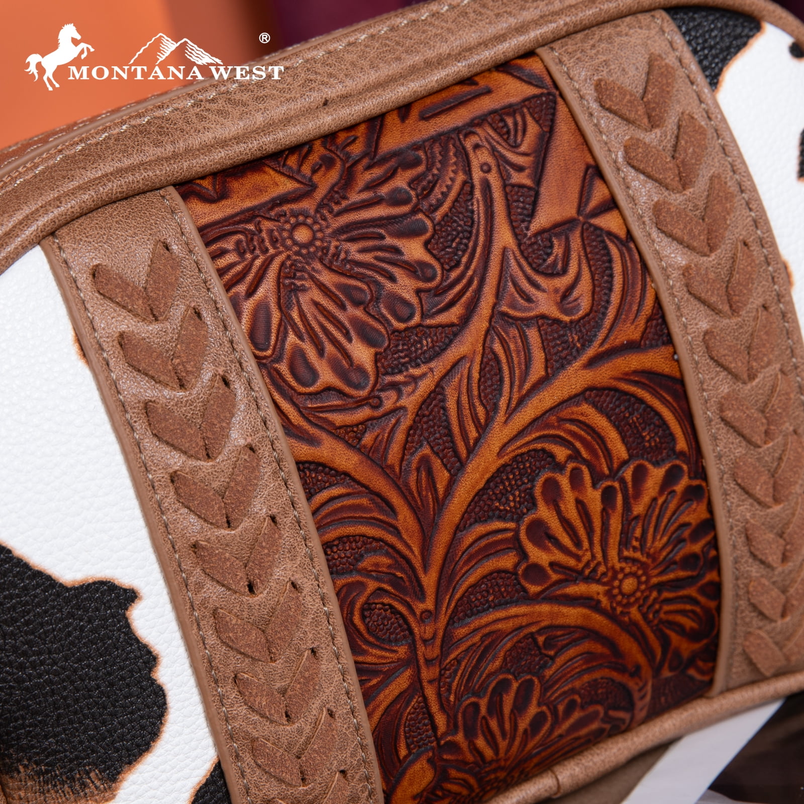 Montana West Cow Print Crossbody Bag for Women Western Tooled Design with Built in Card Holder, Stylish and Functional Purse, Brown