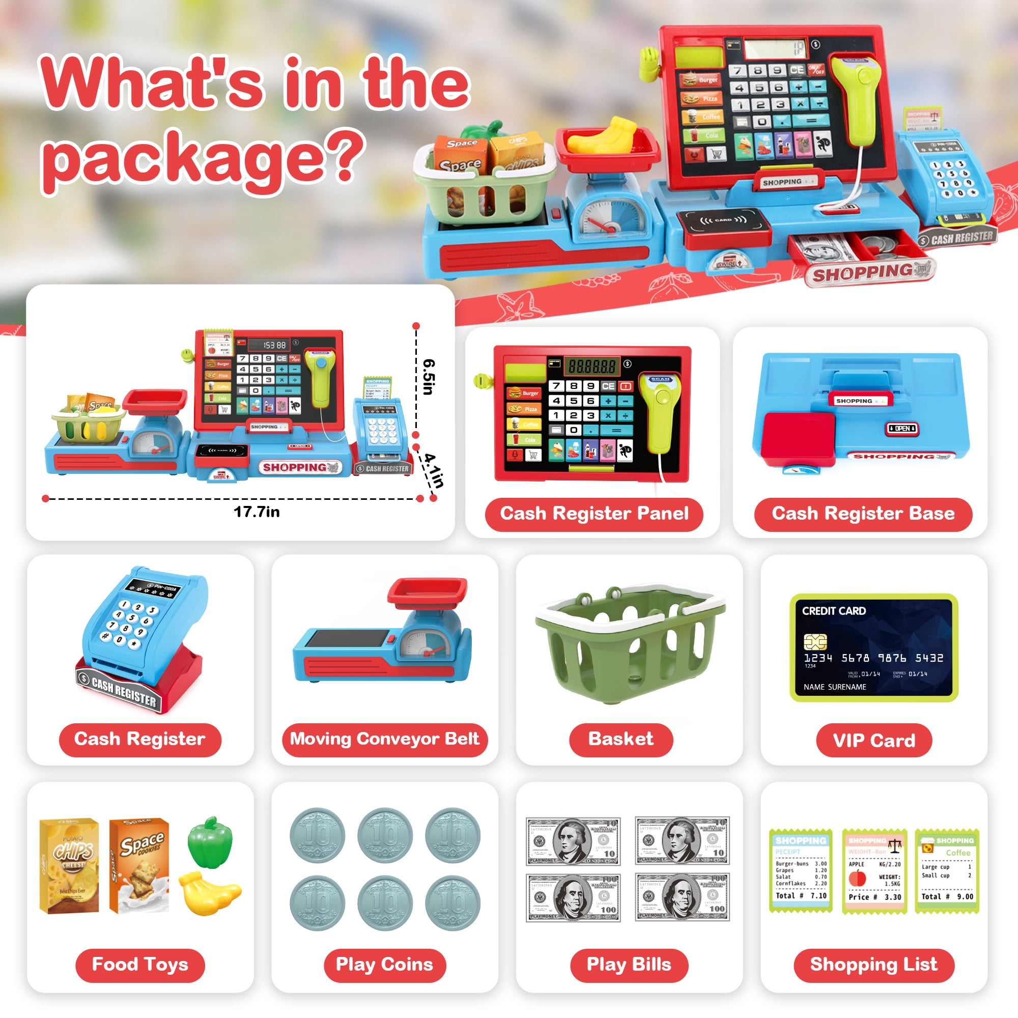 Cash Register Toy for Kids, Pretend Learning Play Set with Sound Music /Scanner /Microphone /Credit Card /Play Money