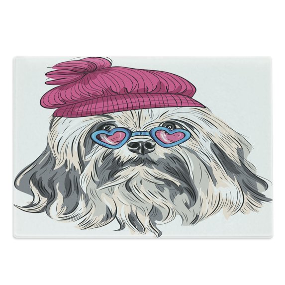 Indie Cutting Board, Lion Bichon Lowchen Breed Dog with Heart Shaped Glasses and French Hat Print, Decorative Tempered Glass Cutting and Serving Board, Large Size, Grey Pink Blue, by Ambesonne