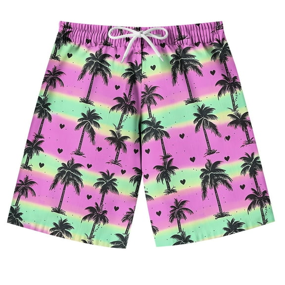 Akafmk Hawaiian Palm Print Beach Shorts,Summer Cool Elastic Waist Drawstring Adjustable Waist Casual Swim Trunks (Toddler Boy's or Boy's),Sizes 7-14 Years