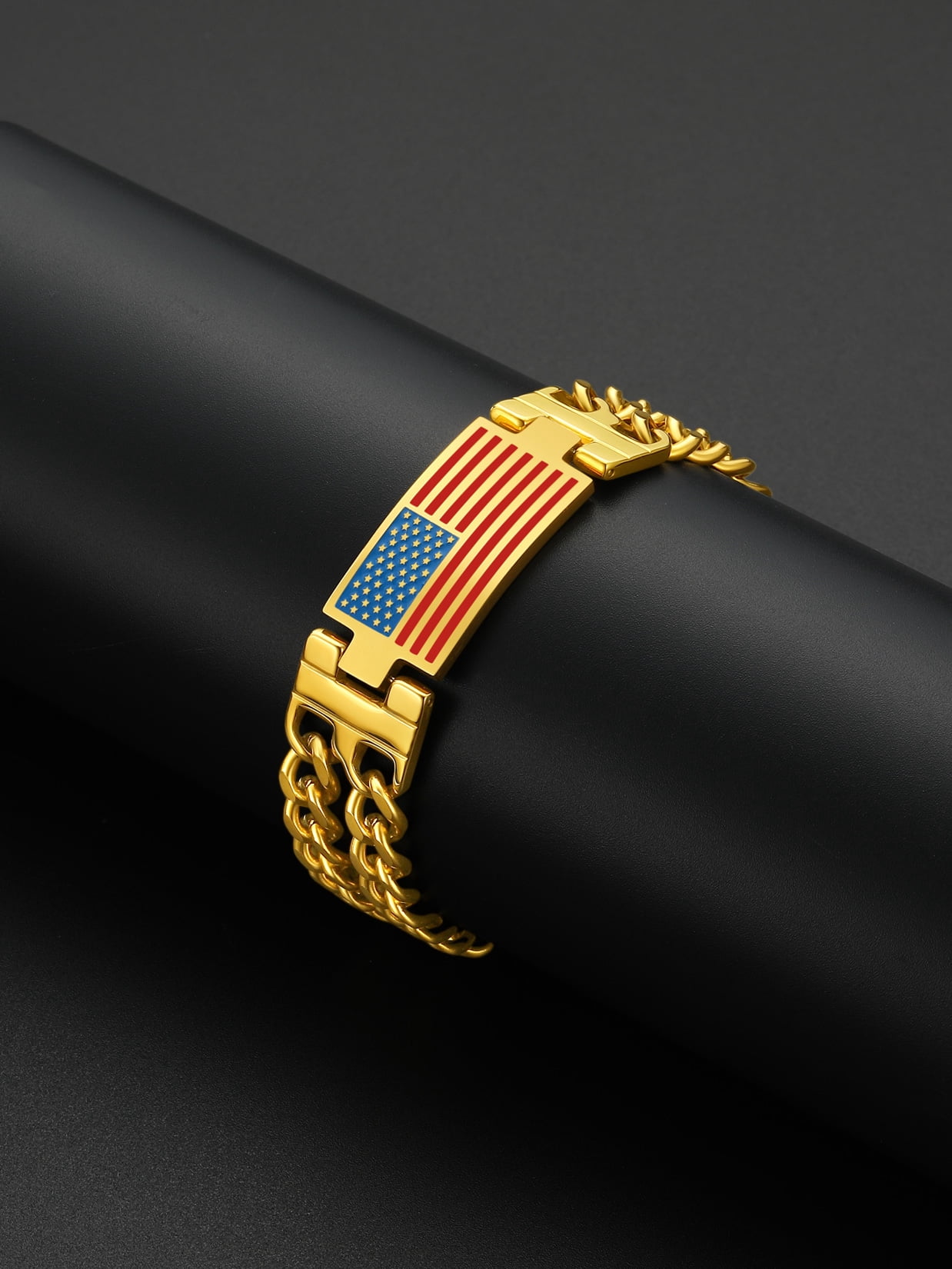 ChainsProMax Men Cuban Link Chain Bracelet, American Flag Bracelet, Stainless Steel Gold Plated