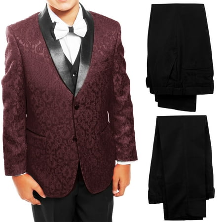 Boys Three Piece Satin Shawl Collar Floral Design Tuxedo Suit Set With Free Matching Shirt & Bow