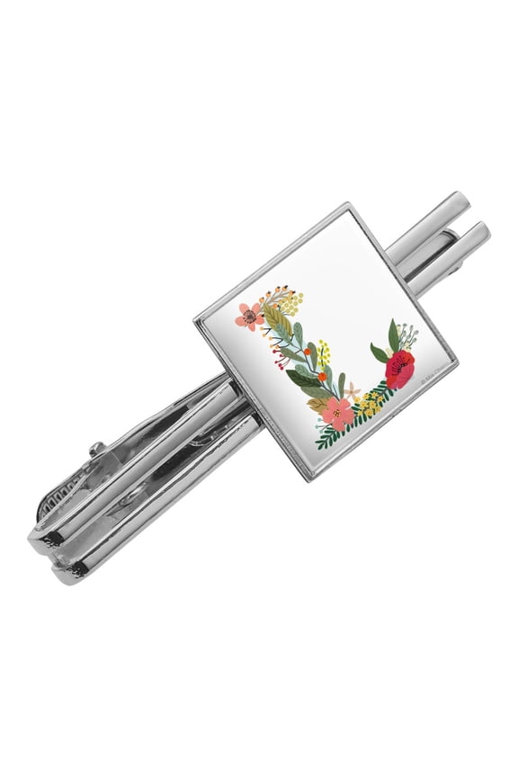 Letter L Floral Monogram Initial Square Tie Bar Clip Clasp Tack- Silver or Gold