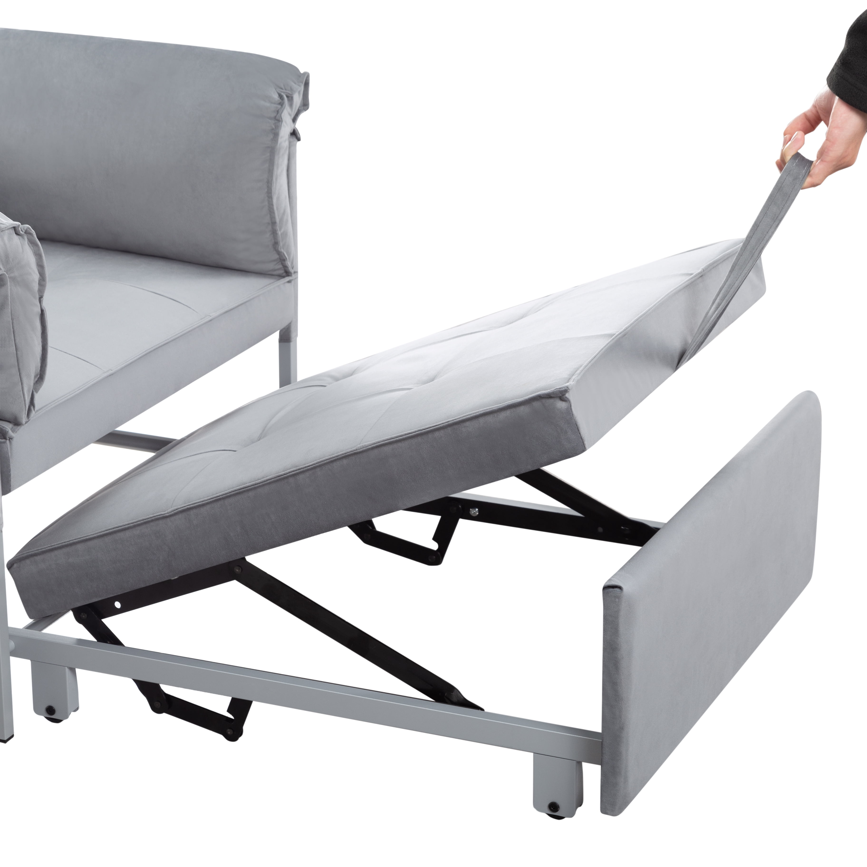 BSHTI 34.3" Convertible Pull-Out Sleeper Chair, Twin-Size Bed with Velvet Upholstery, 3-Position Adjustable Backrest, Metal Frame for Small Space & Guest Room, Gray
