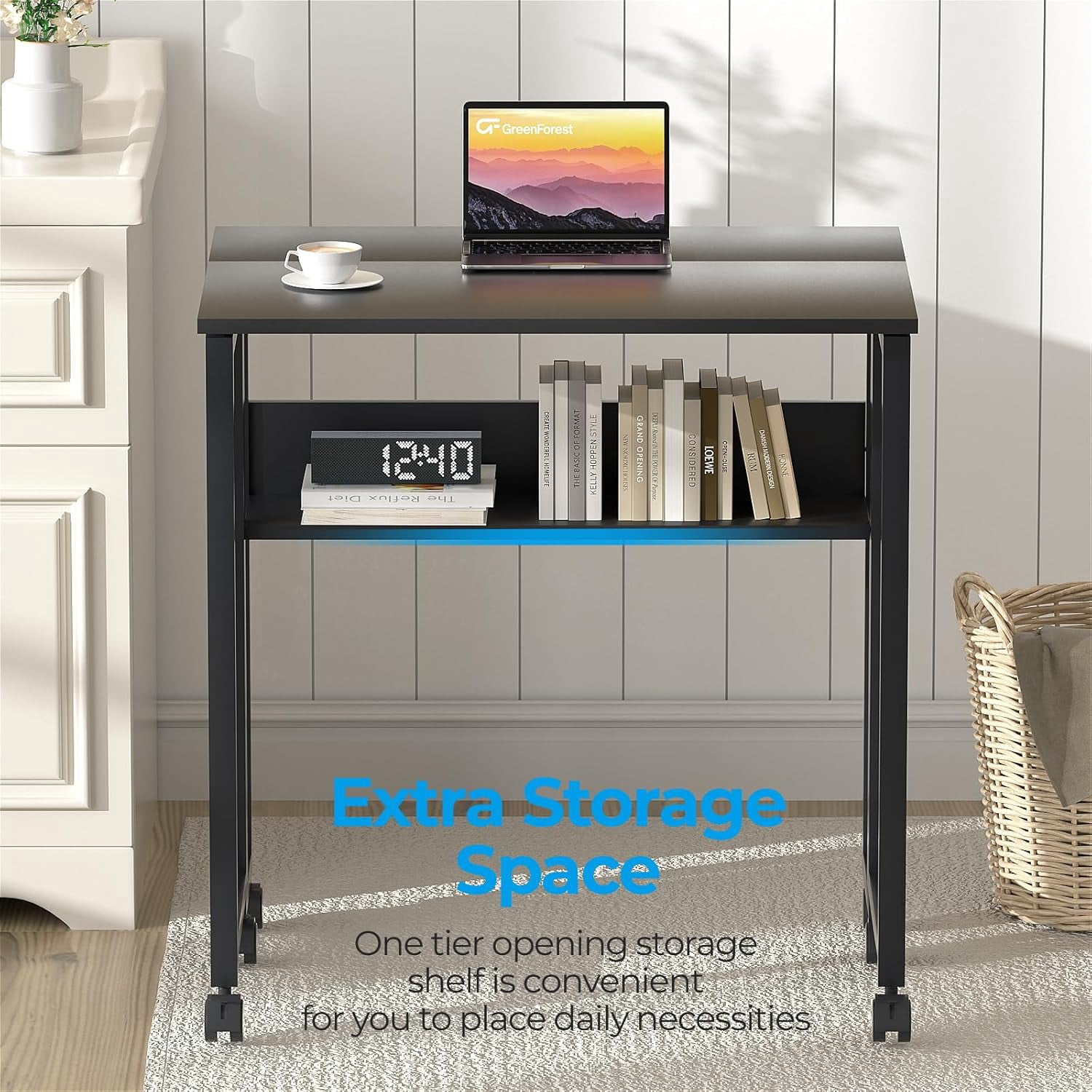 Folding Desk Small Rolling Desk with Storage Shelf,24.8 inch Foldable Computer Desk with Wheels for Small Space,Easy Assembly,Black