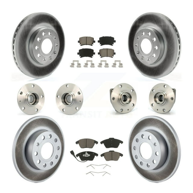 Transit Auto Front Rear Hub Bearing Assembly Coated Disc Brake Rotor and Ceramic Pad Kit (10Pc) for Car 2006-2009 Volkswagen Rabbit 3 Bolt Mounting Flange Left Right Side (Driver Passenger) KBB-120934