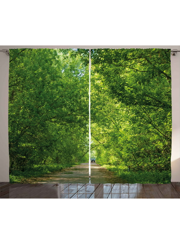 Landscape Curtains 2 Panels Set, Fresh Forest Canopy Trees over Footpath in an Old Park People Walking Natural Scenery, Window Drapes for Living Room Bedroom, 108W X 108L Inches, Green, by Ambesonne