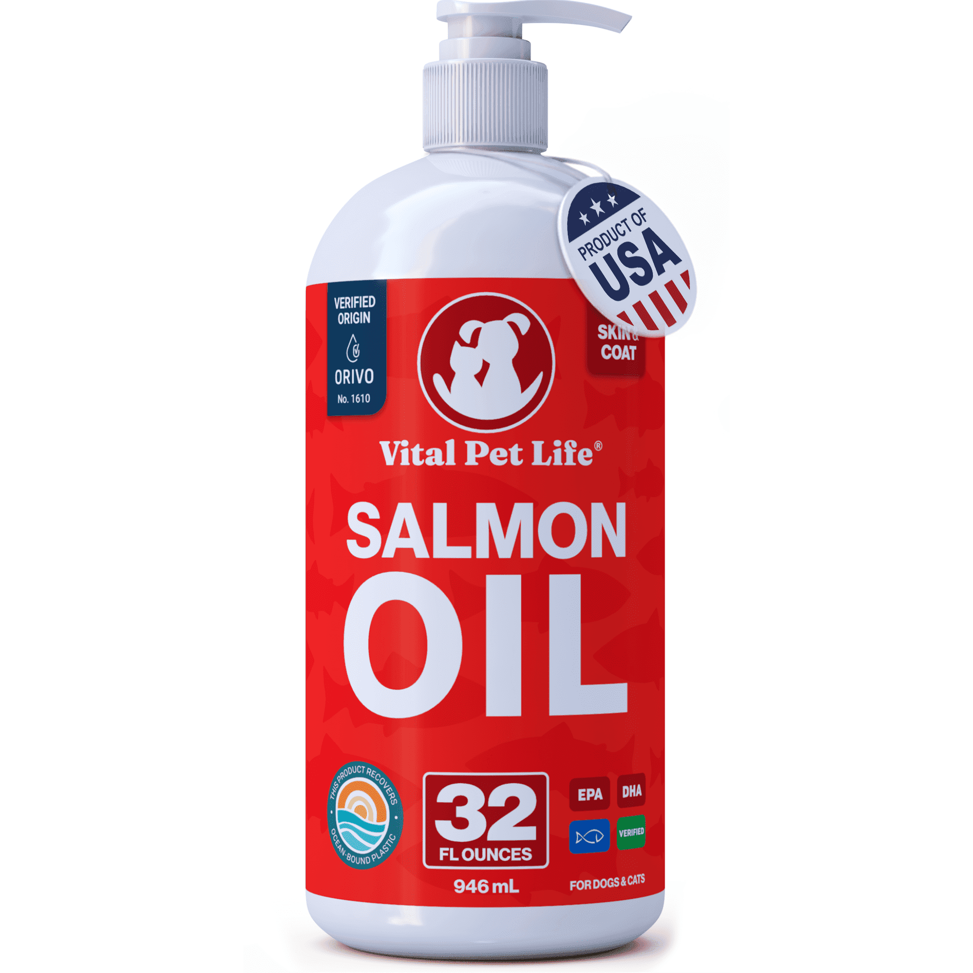 Salmon Oil for Dogs & Cats - Healthy Skin & Coat, Soft Shiny Glossy Coat, Fish Oil Omega 3 EPA DHA, Immune System & Heart Function Support, Normal Shedding, Liquid Supplement for Pets, 32 oz