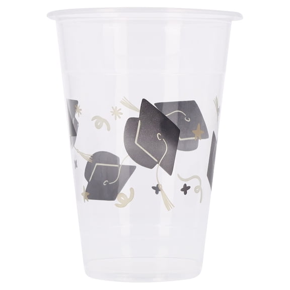 Disposable Graduation Cap Plastic Cups, Black and Gold, 16 oz, 8 Count, Graduation by Way To Celebrate