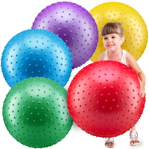 18-Inch Big Balls for Toddlers and Kids - Pack of 5 Inflatable Giant Balls for Kids with Hand Air Pump, Big Bouncy, Sensory Play, Stress Toy, Knobby, Large Playground, Recess, Games for Children