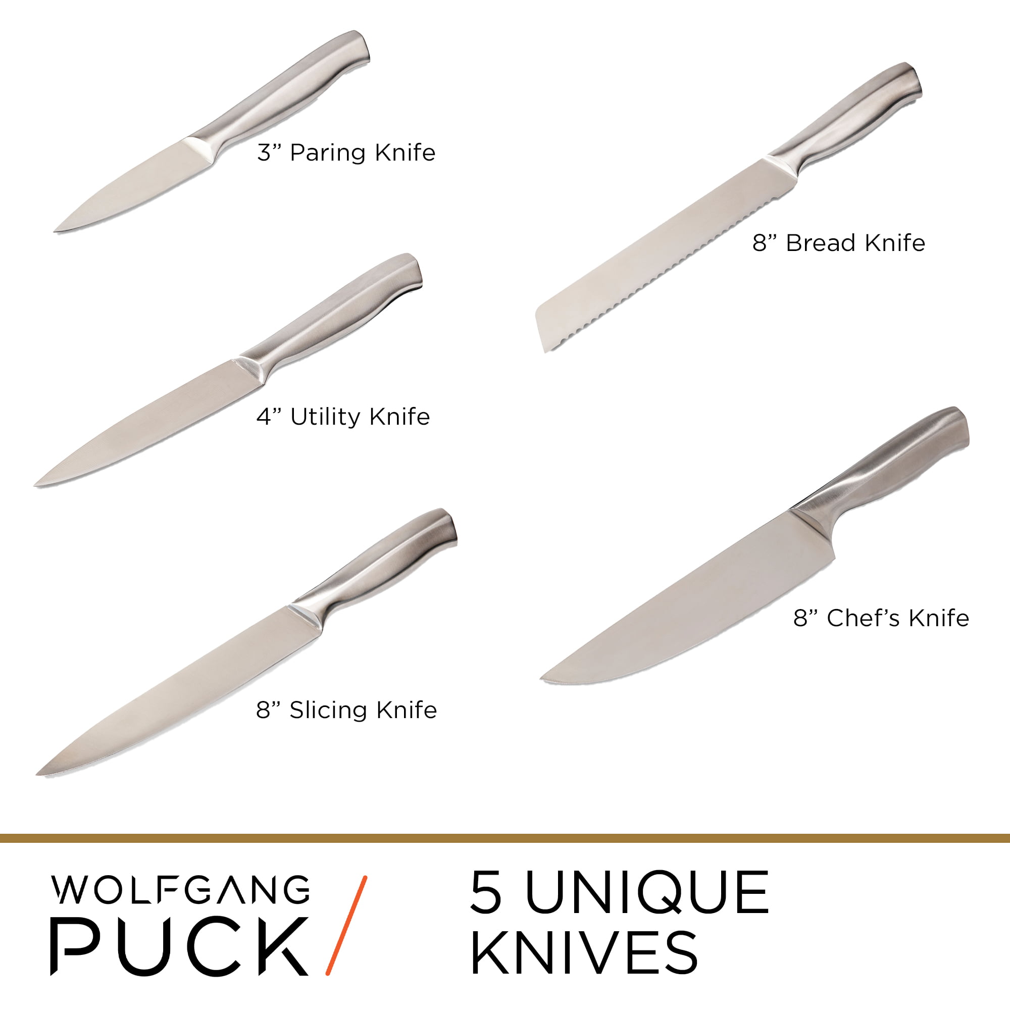 Wolfgang Puck 6-Piece Stainless Steel Knife Set with Knife Block; Carbon  Stainless Steel Blades and Ergonomic Handles; Blonde Wood Block with  Acrylic Safety Shield; Chef Quality Cutlery and Knife Set 