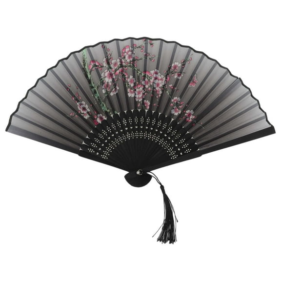Unique Bargains 1 Pc Joyful Magpie on Plum Blossom Branch Design Folding Fan for Dancing Party Gray Bamboo Silk